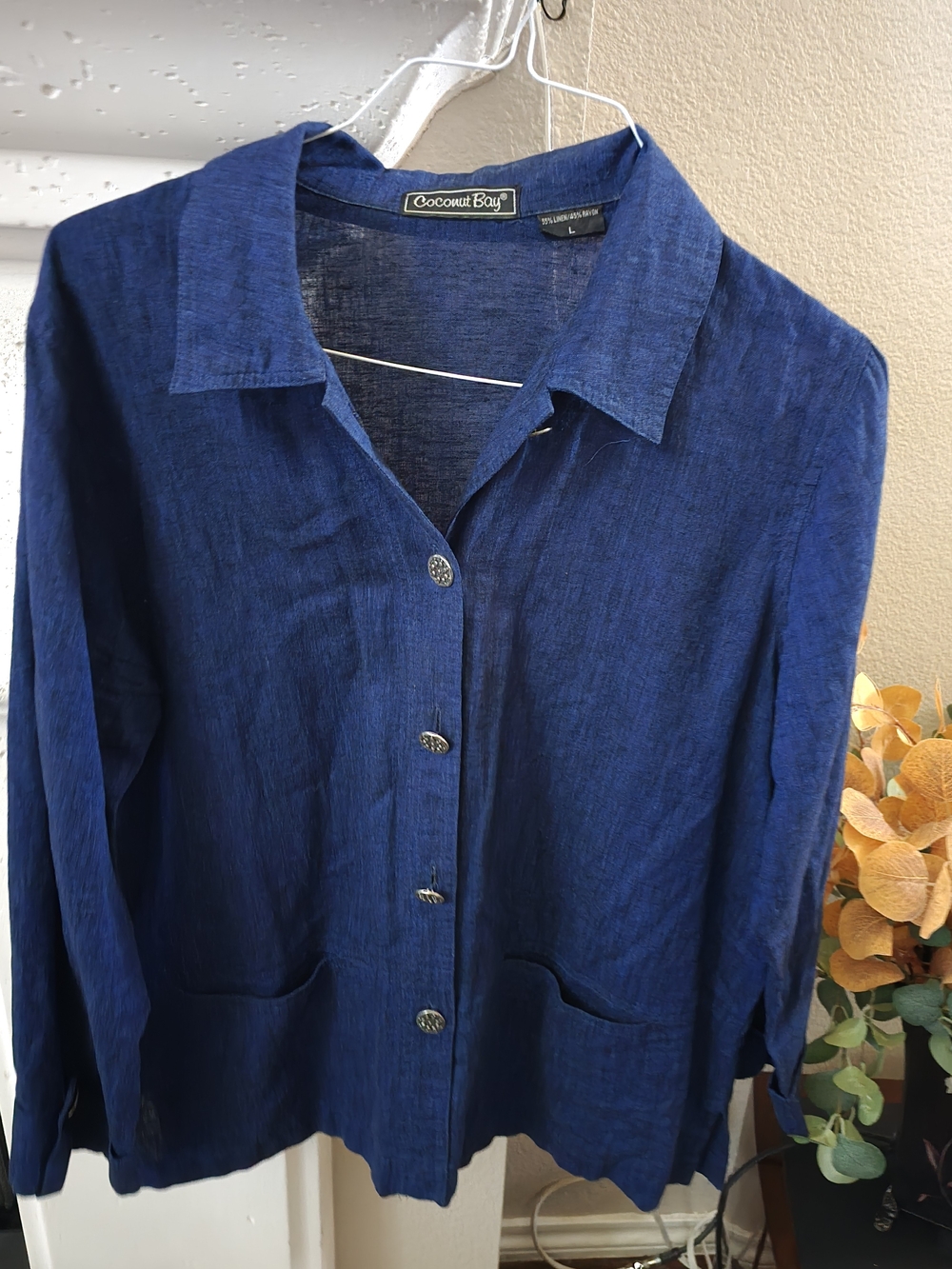 Women's Navy Button-Front Linen Blend Jacket 3/4 Sleeves Sz.L
